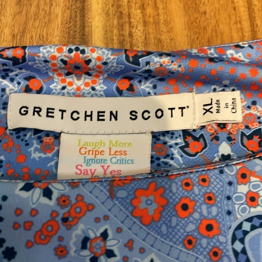 Gretchen Scott women’s XL 16 18 dress Blue 
Orange pattern stretch 3/4 sleeve - Picture 6 of 11